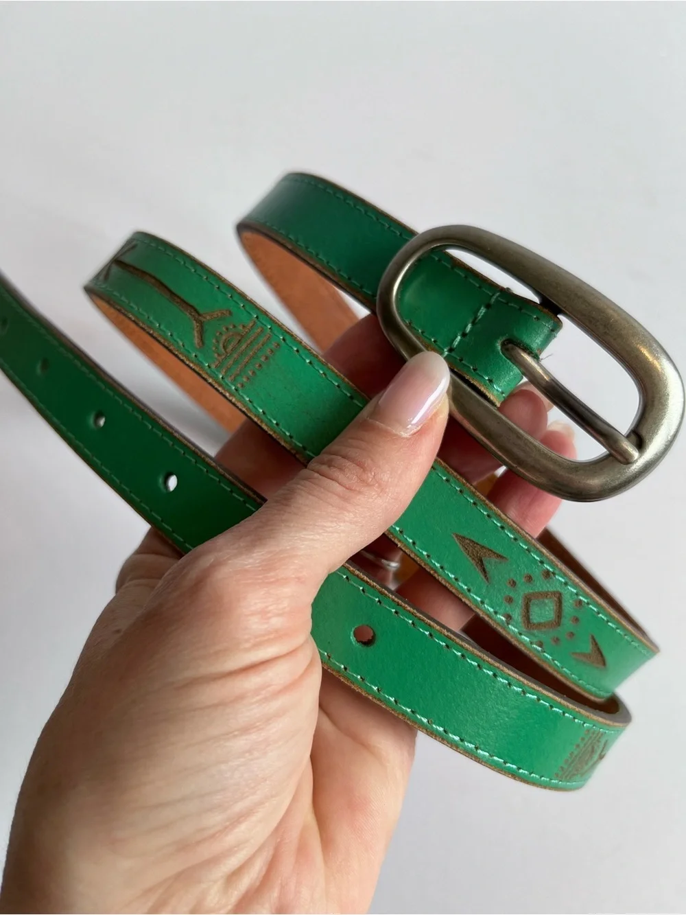 Green Leather Skinny Belt Boho Southwestern